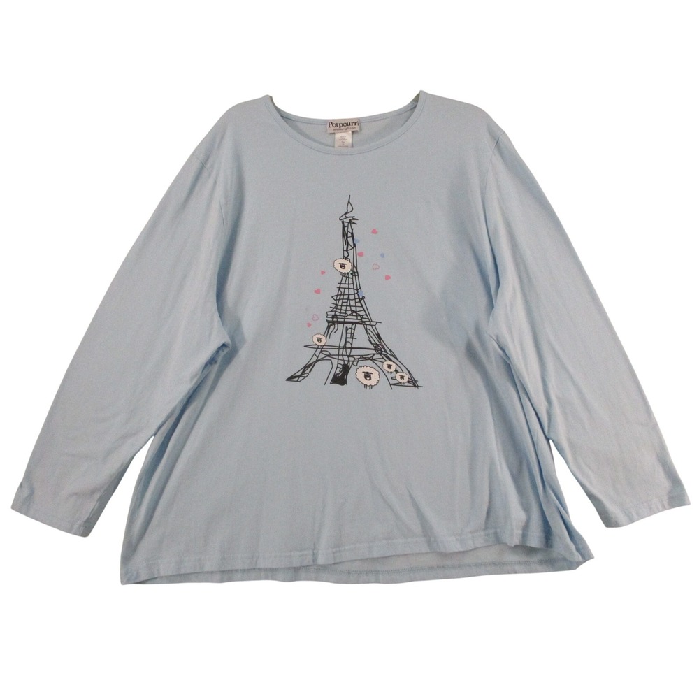 Potpourri Womens 3X Light Blue Eiffel Tower Sheep Heart Graphic Long Sleeve Top